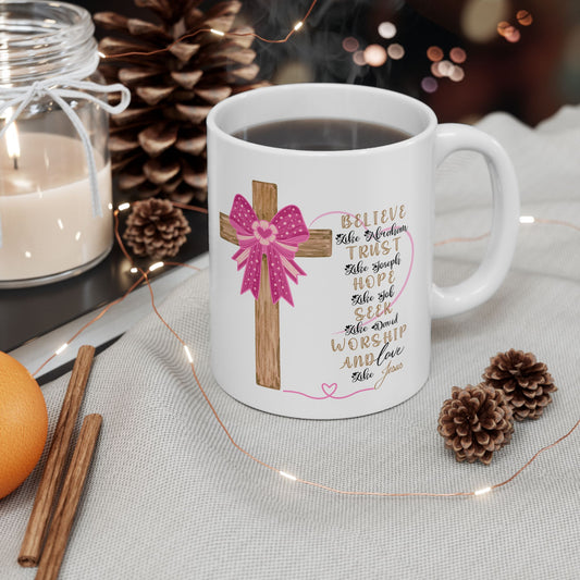 Inspirational Faith Ceramic Mug, Coffee Cup, Christian Gift, Devotional Drinkware, Pink Bow Design, Perfect for Holidays