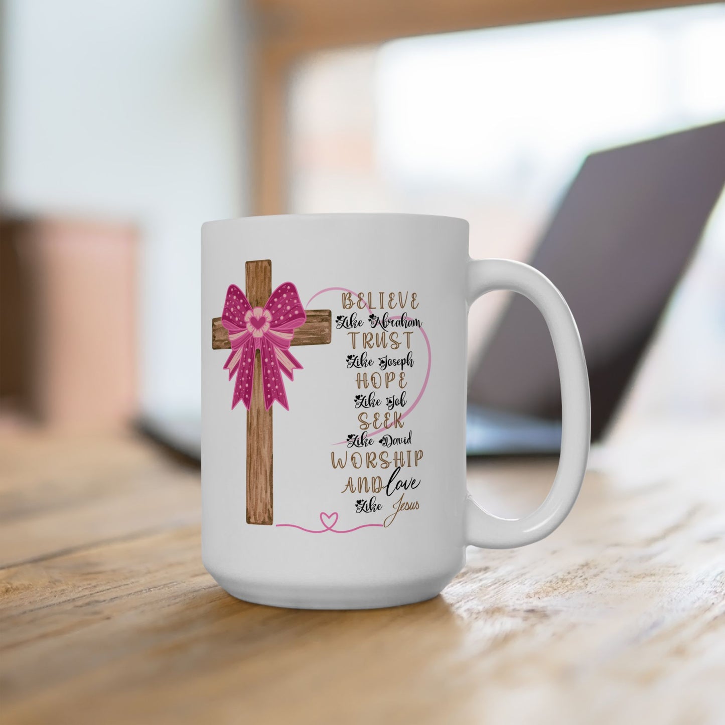 Inspirational Faith Ceramic Mug, Coffee Cup, Christian Gift, Devotional Drinkware, Pink Bow Design, Perfect for Holidays