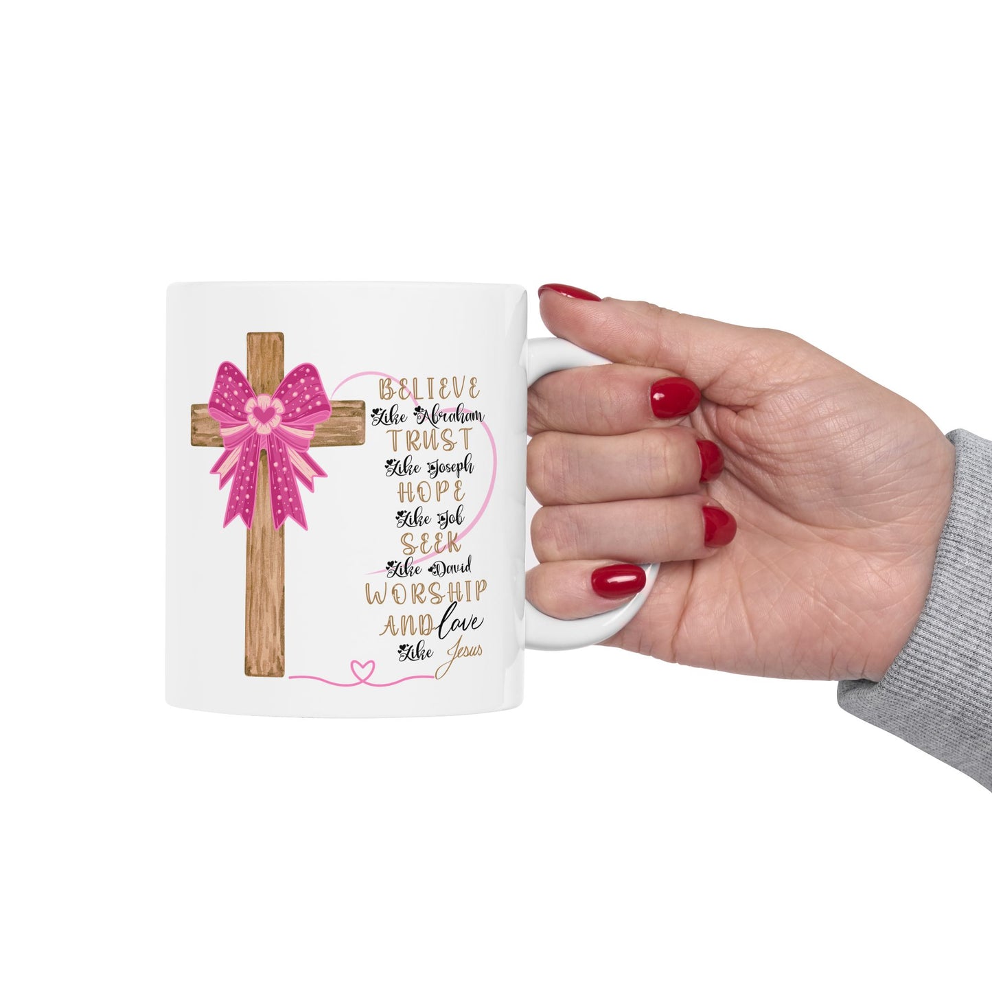 Inspirational Faith Ceramic Mug, Coffee Cup, Christian Gift, Devotional Drinkware, Pink Bow Design, Perfect for Holidays