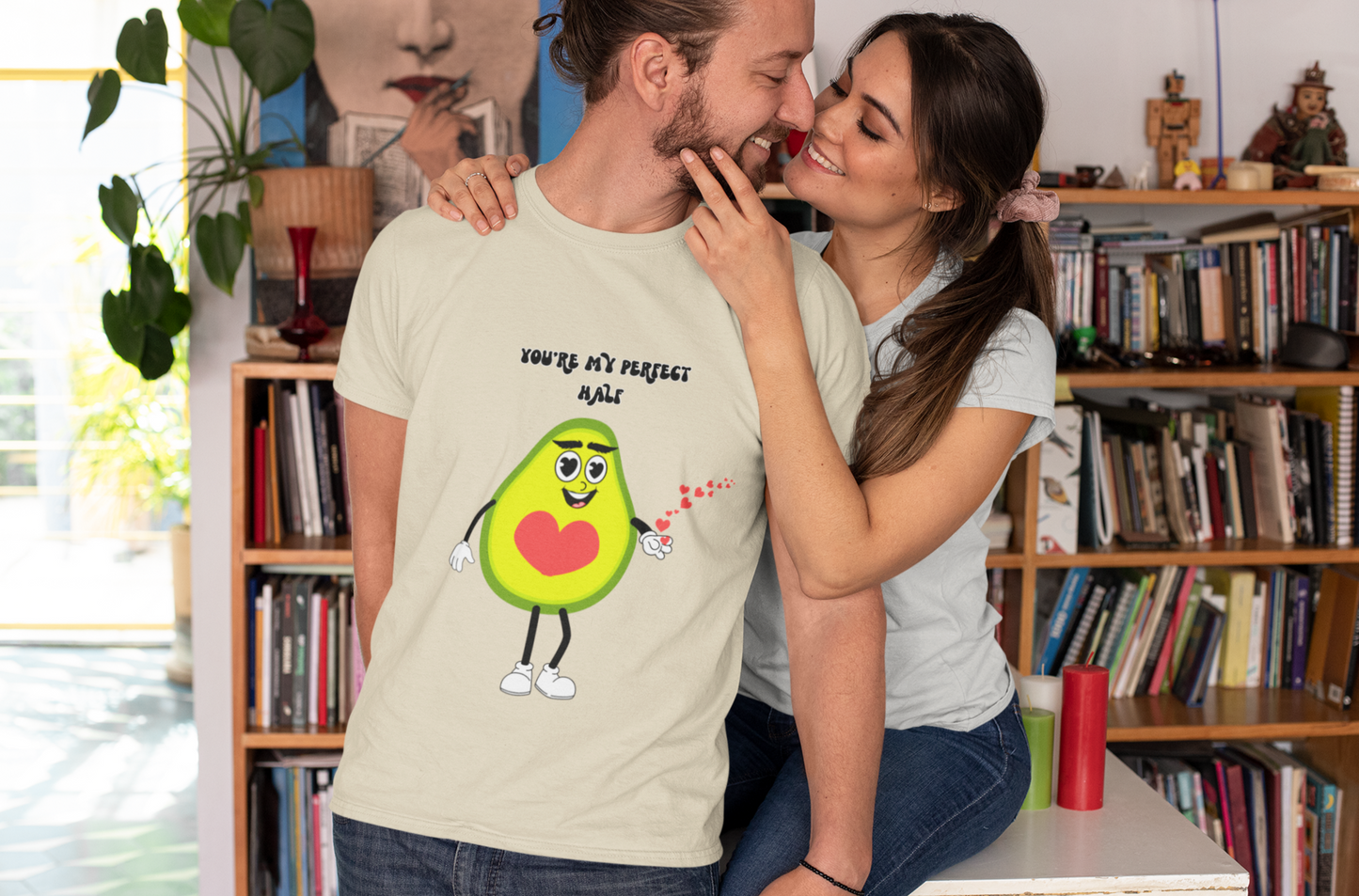 Cute Avocado Graphic Tee, "You're My Perfect Match" Valentine's Day T-Shirt for Her, Fun Couple Gift, Matching Fruit Shirt for Him.