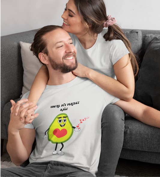 Cute Avocado Graphic Tee, "You're My Perfect Match" Valentine's Day T-Shirt for Her, Fun Couple Gift, Matching Fruit Shirt for Him.