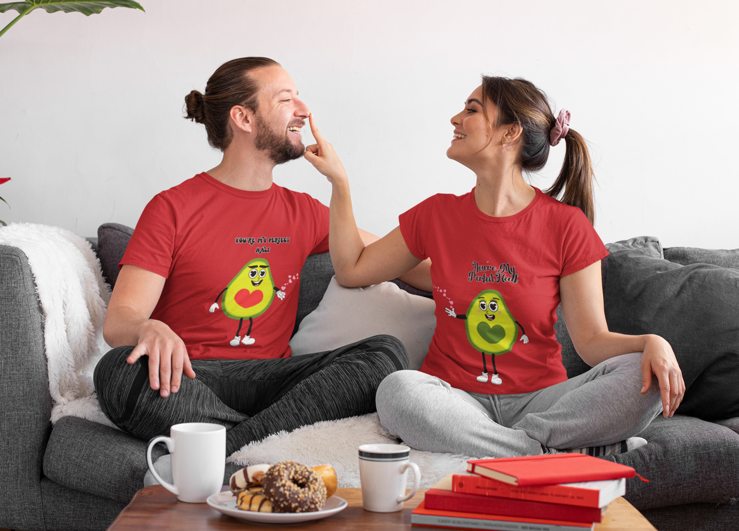 Cute Avocado Graphic Tee, "You're My Perfect Match" Valentine's Day T-Shirt for Her, Fun Couple Gift, Matching Fruit Shirt for Him.