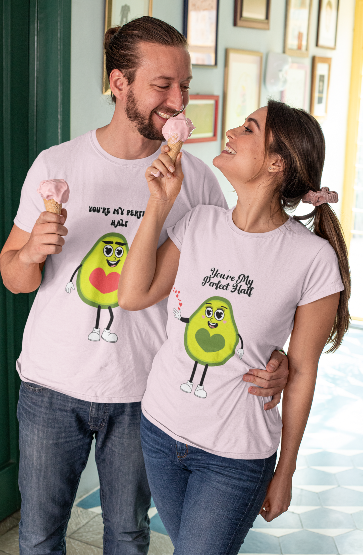 Cute Avocado Graphic Tee, "You're My Perfect Match" Valentine's Day T-Shirt for Her, Fun Couple Gift, Matching Fruit Shirt for Him.